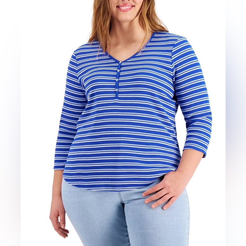 Style & Co Shirt Women Size 2X Striped Henley 3/4 Sleeve Blue White Waffle Knit